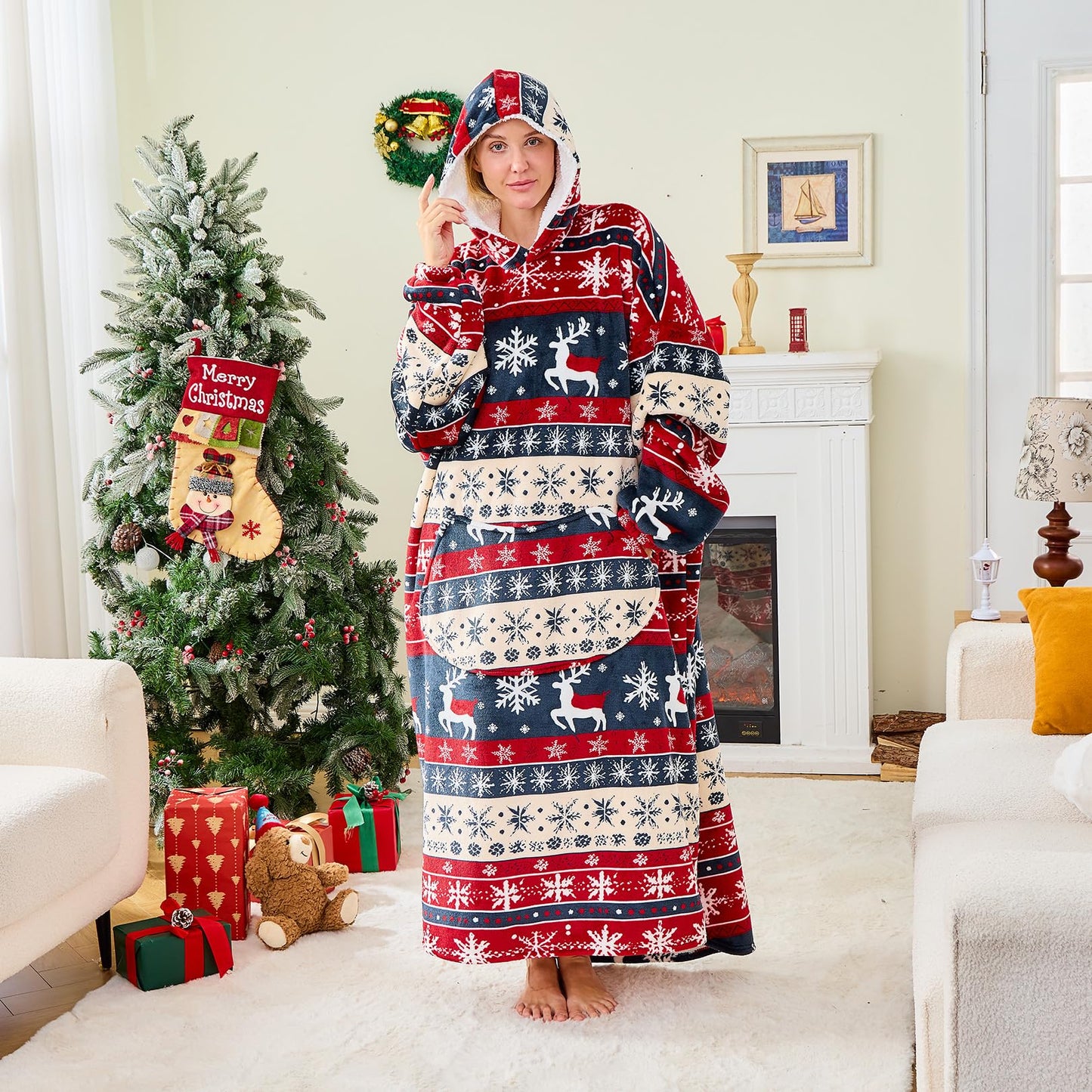 Moinlizy Wearable Blanket Hoodie, Long Thick Hooded Blanket Oversized for Adults Women Men with Pocket and Sleeves, Christmas Red Xmas Deer