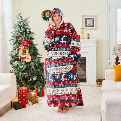 Moinlizy Wearable Blanket Hoodie, Long Thick Hooded Blanket Oversized for Adults Women Men with Pocket and Sleeves, Christmas Red Xmas Deer