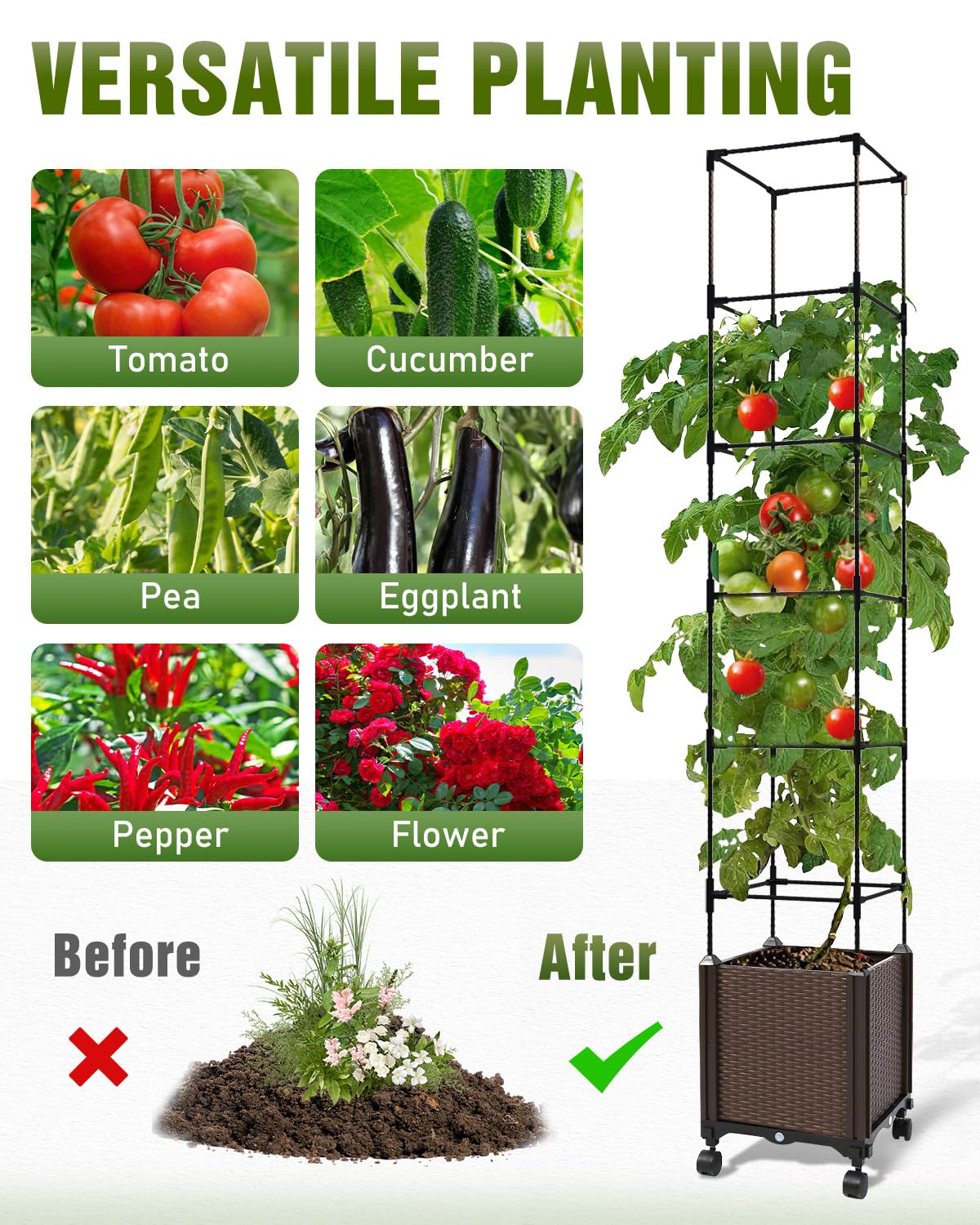Jayhalo 71inch Planter Boxes Outdoor, 3-in-1 Planter Box with Trellis with Wheels for Growing Vegetables, 6 Layer Tomato Cage with Tomato Planters, Self Watering for Indoor Outdoor Use