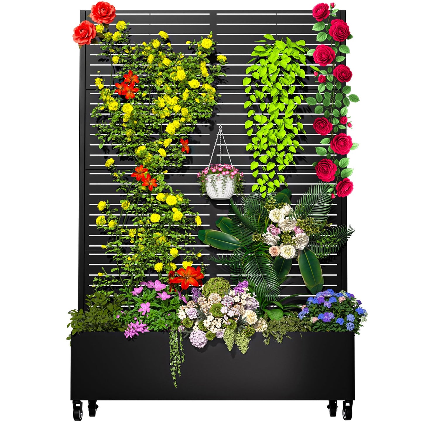 MTART Metal Planter Box with Trellis Outdoor, 72"x47"x16" Galvanized Raised Garden Bed with Privacy Screen & Drainage Holes & Lockable Casters for Climbing Plants, Vegetable, Vines (Louvered-Black1)