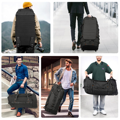 Vrtisa 85L 29“ Foldable Rolling Backpack with Wheels, Soft-side Travel Duffle Bag with Separate Shoe Compartment, Full Quilted Bottom,Black