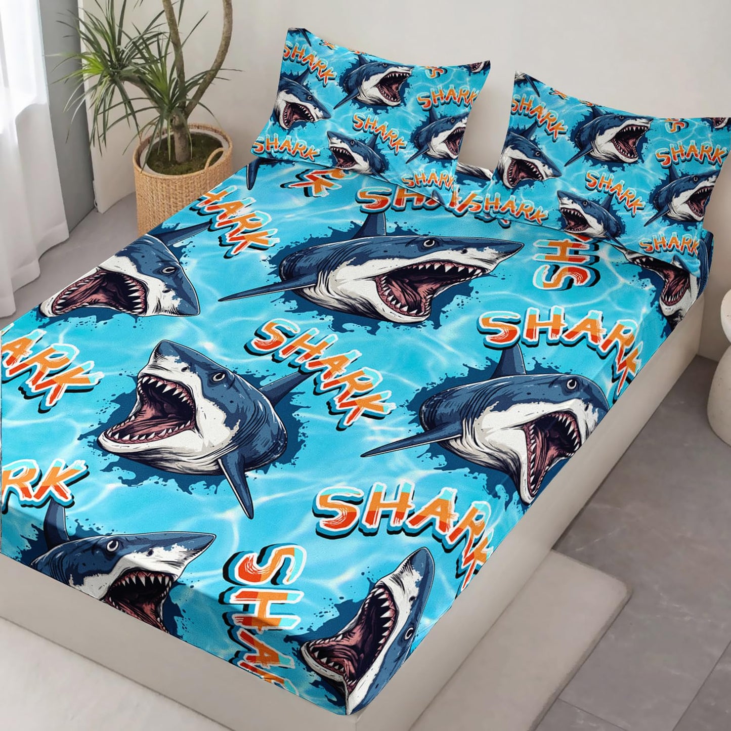 HOSIMA Shark Fitted Sheet Set Full Size,3D Shark Pattern Ocean Theme Bedding Set Full for Kids Boys,Sea Animal Collection Deep Pocket for Ocean Bedroom Decor,1 Fitted Sheet+2 Pillowcases.
