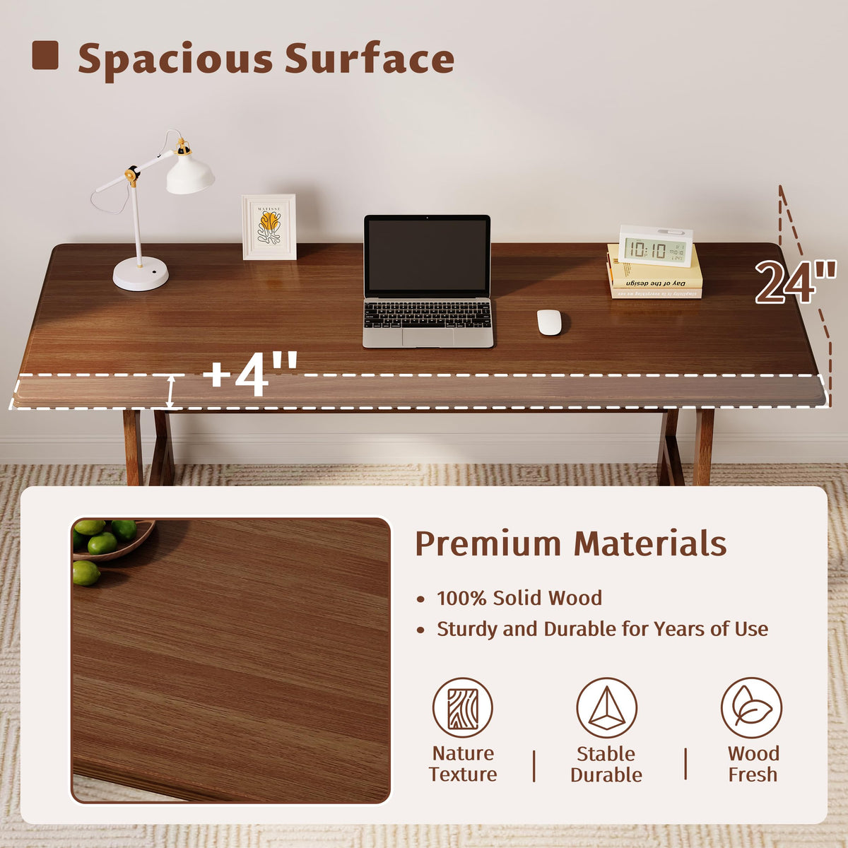 IOTXY Solid Wood Writing Table - 72" W x 24" D Minimalist Long Computer Desk for Home Office, Work, Study, Creativity, and PC Workstation, Walnut