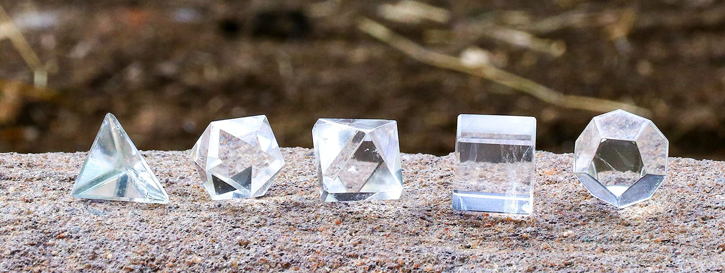 Crocon Clear Quartz 5 Pcs Platonic Sacred Stones Geometry Set for Chakra Stone Balancing Reiki Healing Spiritual Good Luck Home Office Decor Size: 15-20 mm