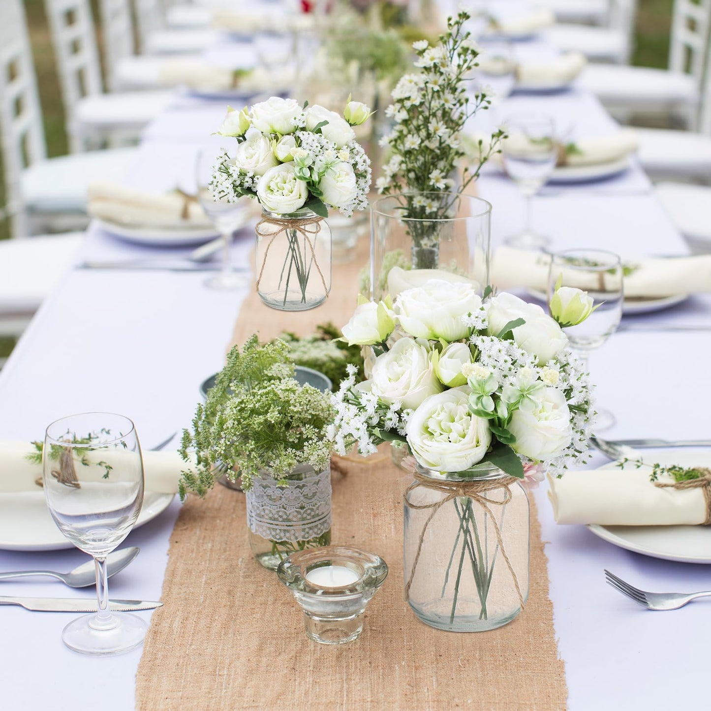 Zeyune 12 Sets Mason Jar Centerpiece Table Decorations, Artificial Peony Baby's Breath Flower Bouquets, Faux Flowers with Vase, Rustic Decor Gifts for Home, Wedding, Holiday (Green)