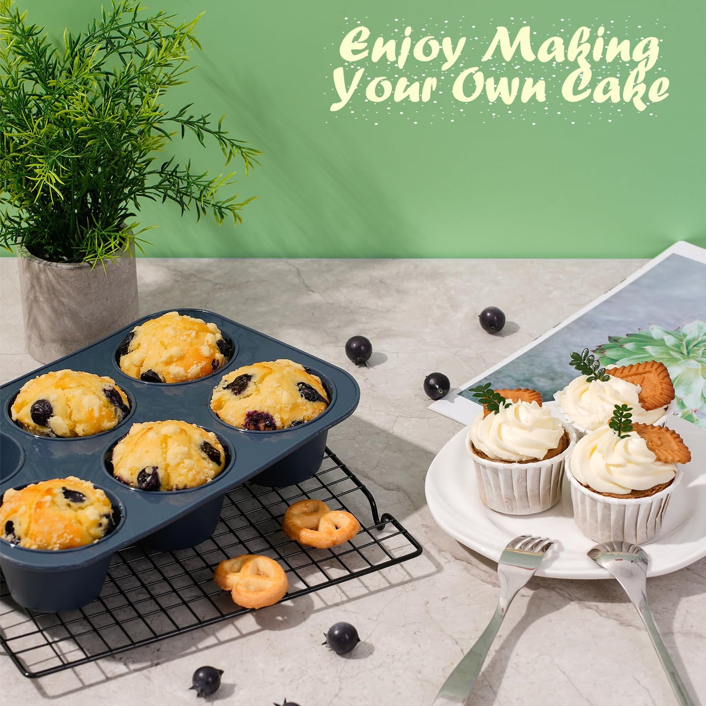 2 Pack Deep and Jumbo Muffin Tray 6 Cup Large Silicone Muffins Pan, Non-Stick Giant Cupcake Tin, Silicon Mould Bakeware, Baking Case for Yorkshire Pudding, Bun, Cupcakes, 27.8 x 19 x 5 cm (Grey)
