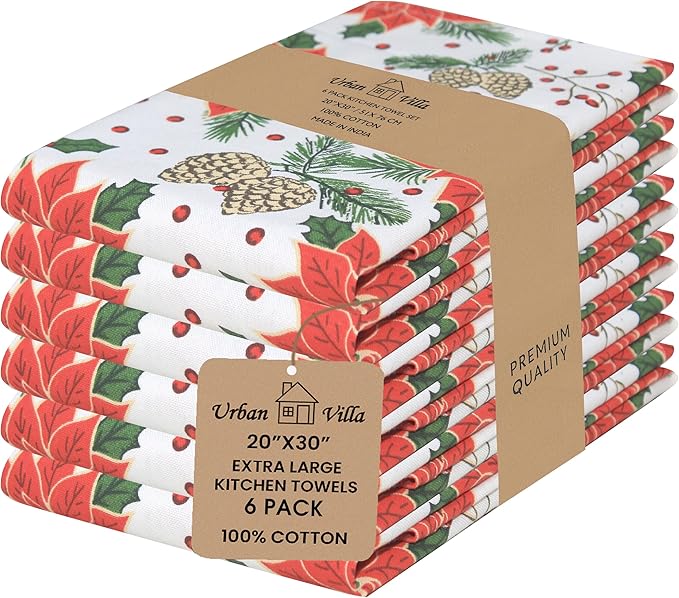 Urban Villa Christmas Kitchen Towels Pine Cone Print Multi Color, 100% Cotton