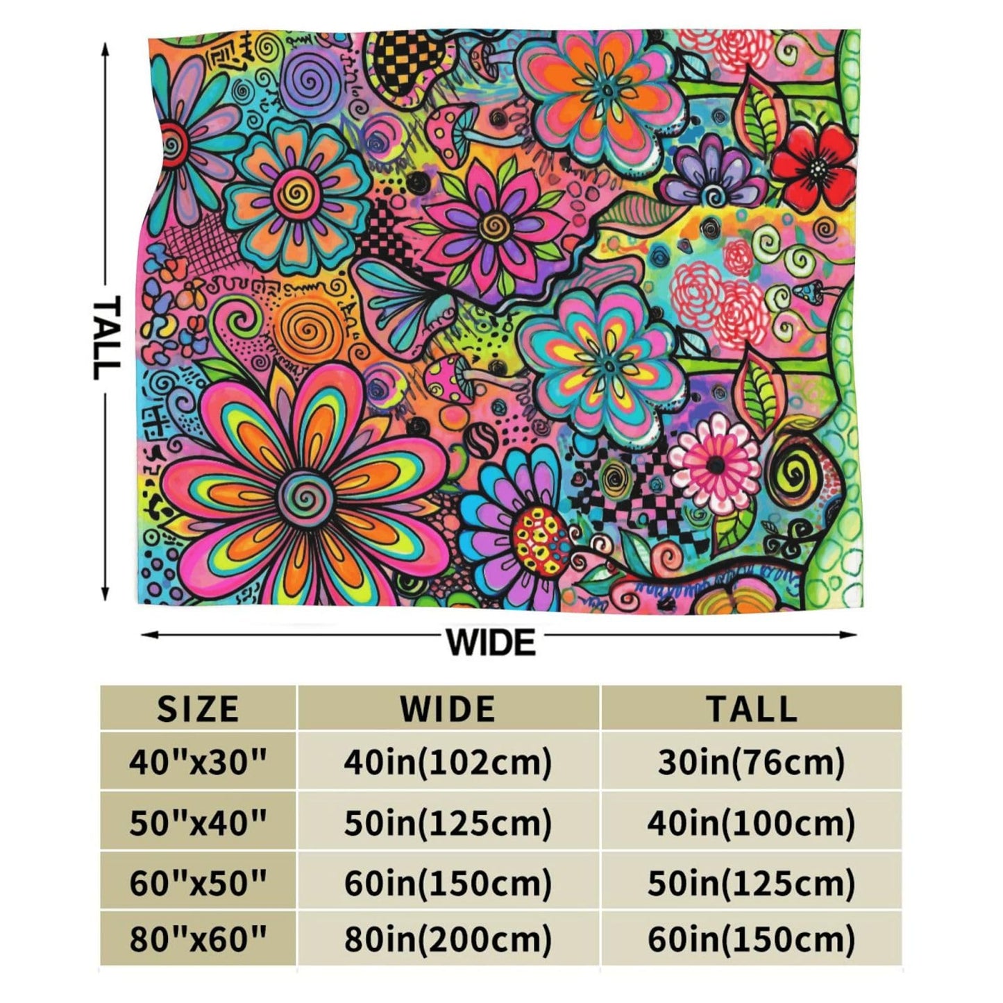 Gbuzozie Hippie Art Flowers Doodle Fleece Blanket Lightweight Ultra-Soft Throw Blanket for Sofa Couch Bed Camping Travel - Super Soft Cozy Microfiber Blanket 60"X50"