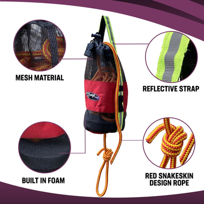 Kemp USA Throw Bag with 75 Foot Floating Rescue Rope Reflective Strap Self Draining Mesh Bag Throwable Flotation Water Rescue Safety Equipment Includes Bengal Whistle Red