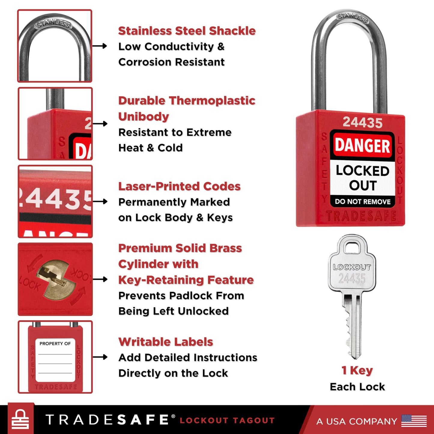 TRADESAFE Lockout Tagout Locks Set - 10 Red Loto Locks, Lockout Locks Keyed Different, 1 Key Per Lock, OSHA Compliant Lock Out Tag Out Padlocks, Safety Padlocks for Electrical Lockout Tag Out Kits