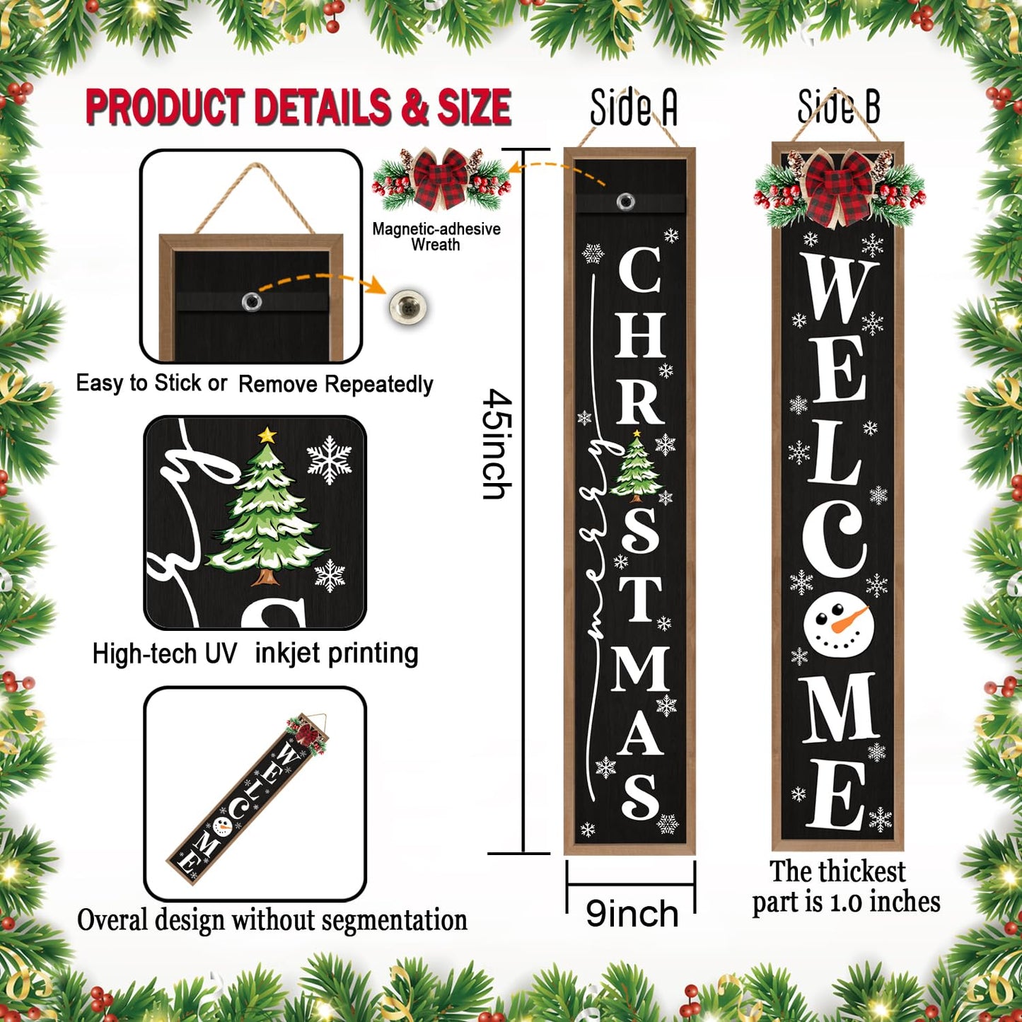 Double-sided Merry Christmas Wooden Sign Stand with Magnetic-adhesive Wreath for Front Door, 47" Farmhouse Vertical Snowman Welcome Porch Sign, 2in1 Tall Xmas Porch Leaner Decor