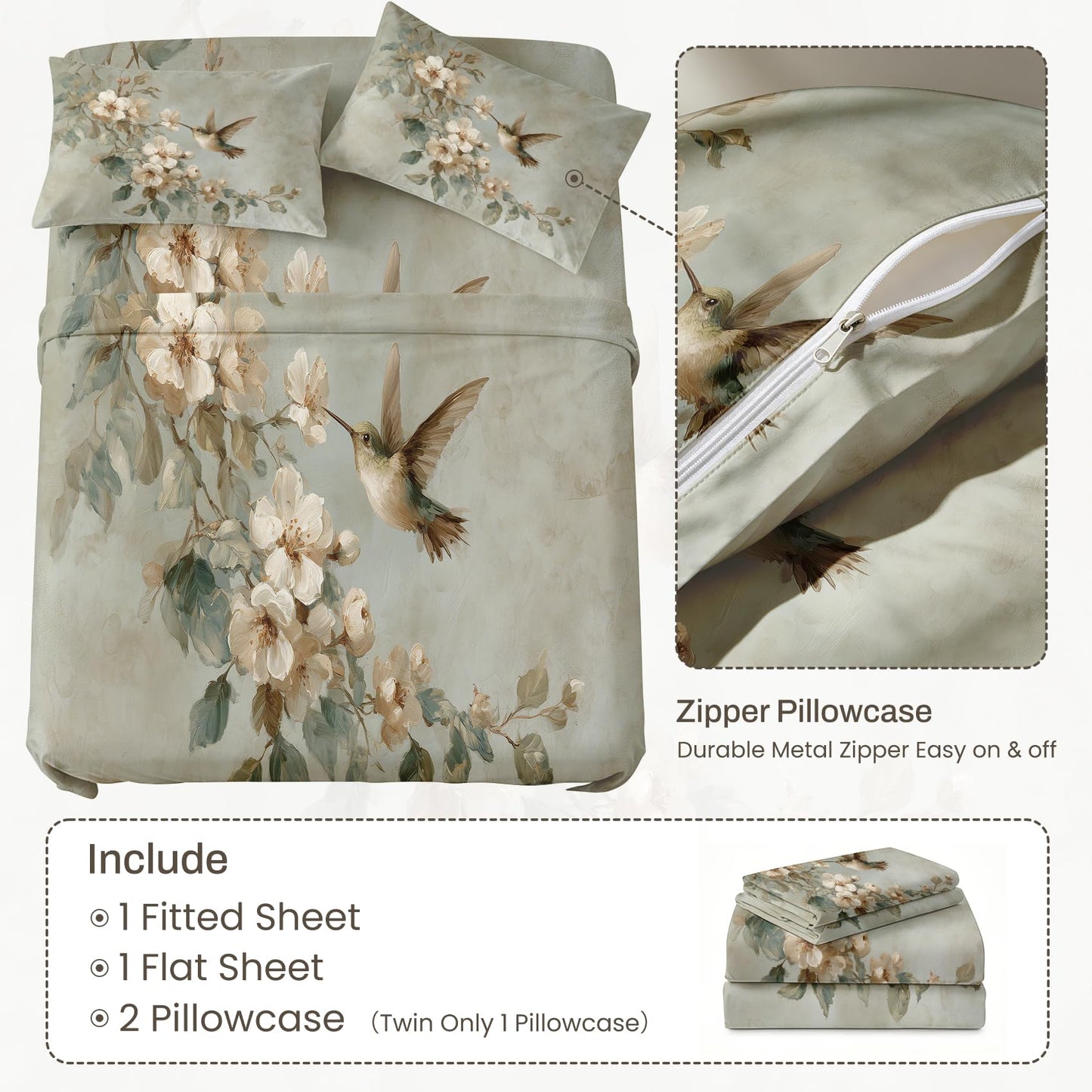 Bird and Flower Bedding Set 4 Pcs Hummingbird Queen Sheets
