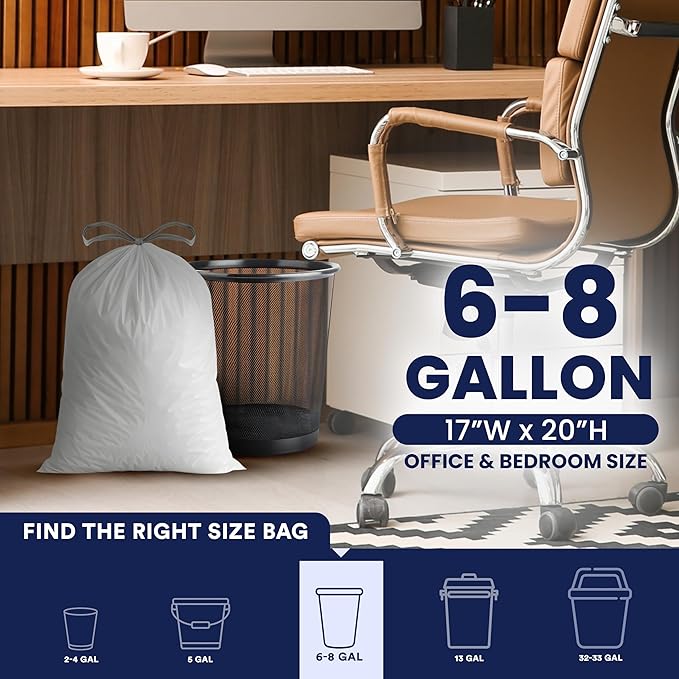 Plasticplace 6 Gallon Trash Bags White Drawstring Garbage Can Liners, 17” x 20”