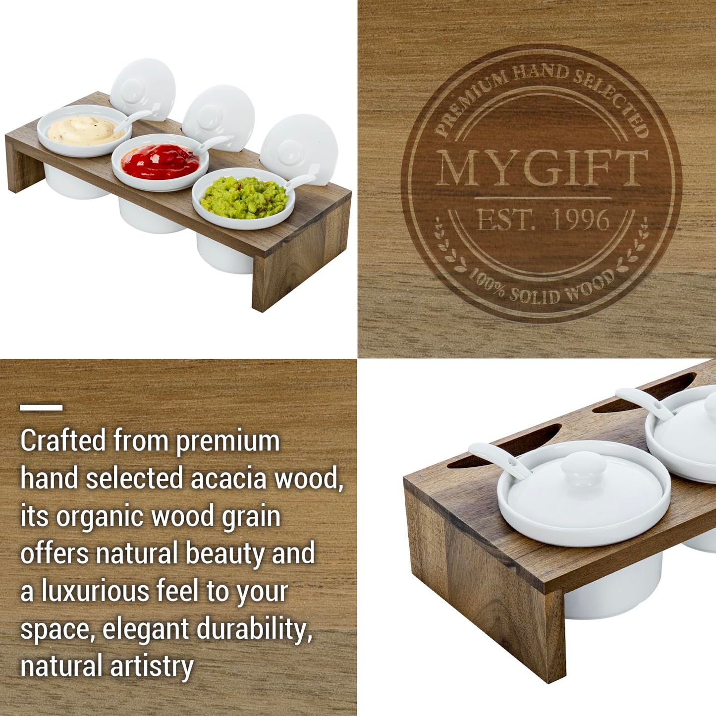 MyGift 10 Pcs Condiment Pot Serving Dish Set, Hosting Essentials, Premium Acacia Solid Wood Raised Display Server Tray and 3 Ceramic Ramekin Dip Bowls with Lids and Spoons