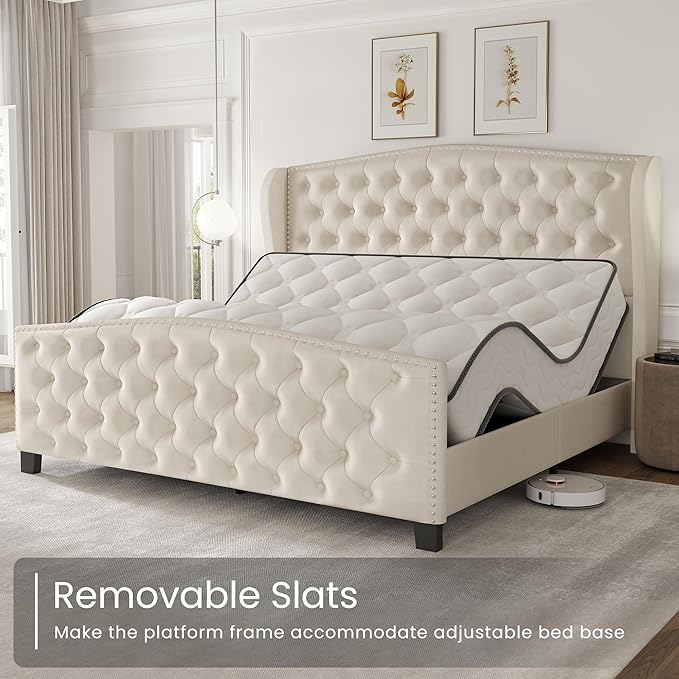 LARMACE Queen Size Bed Frame Velvet Upholstered Platform Bed