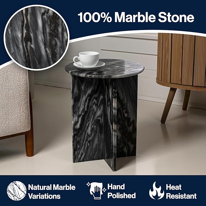 JONATHAN Y Javier Solid Black/Gray Marble End Table, 17.75" Round Modern Accent
