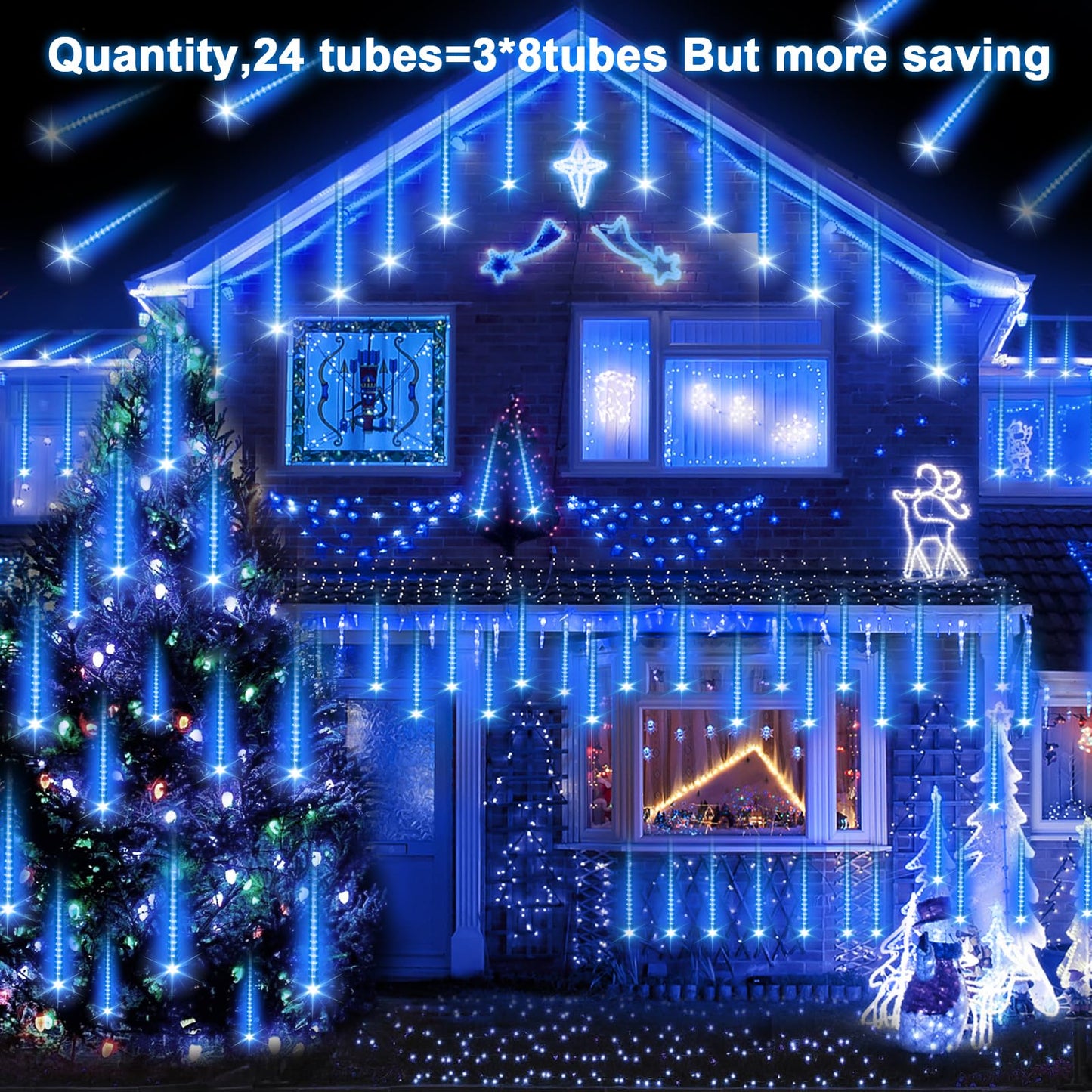 ZROPAW Christmas Lights Outdoor,24 Tubes 864 LED Meteor Shower Lights 12Inch, Waterproof Icicle Light Outdoor Christmas Decorations for Xmas Tree Yard Party, UL Plug, Blue