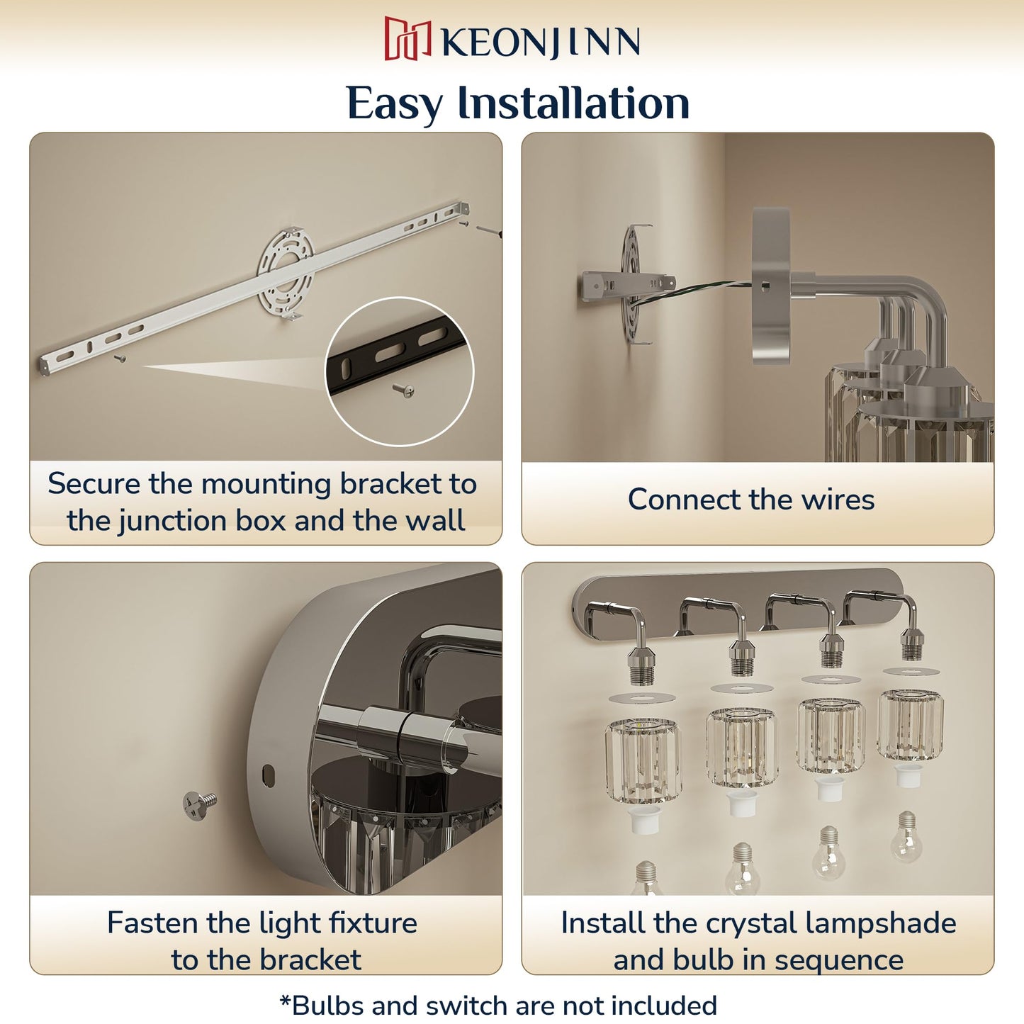 Keonjinn 5-Light Bathroom Light Fixtures, Crystal Chrome Bathroom Vanity Lights Over Mirror, Vanity Lighting Fixtures with Crystal Square Shades (E26 Socket, Exclude Bulb)