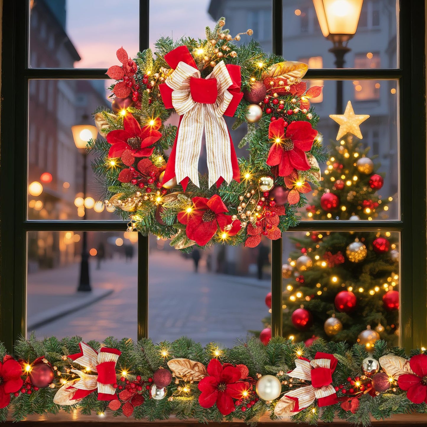 GarveeHome Christmas Wreath, 24 in Artificial Pre-Lit Christmas Wreaths for Front Door with 20 LED Lights & 8 Modes, Pine Needles & Red Berries, Accent Decor for Winter Holiday Home Office Apartment