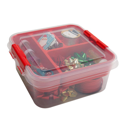 Simplify 5 Compartment Gift Supply Storage Box | 2 Tier Box | Red | Clear Top Lid | Dimensions: 9.5"x 9.5"x 4.5" | Snap Handle| Storage | Wrapping Accessories
