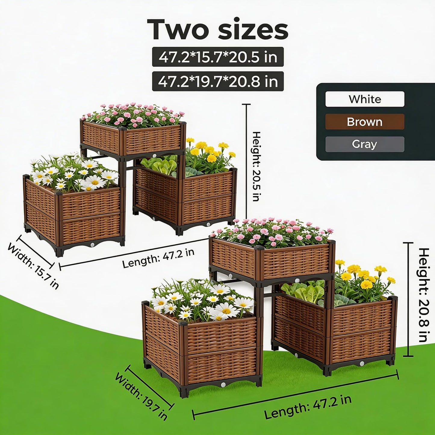 3PCS Raised Garden Beds Outdoor with Legs Planter Box, 47x20x21in Reinforced Support Rods, Drainage Grid, Multi-Combination Options for Vegetables, Flowers, Herbs, Ideal for Balcony, Patio Gardening