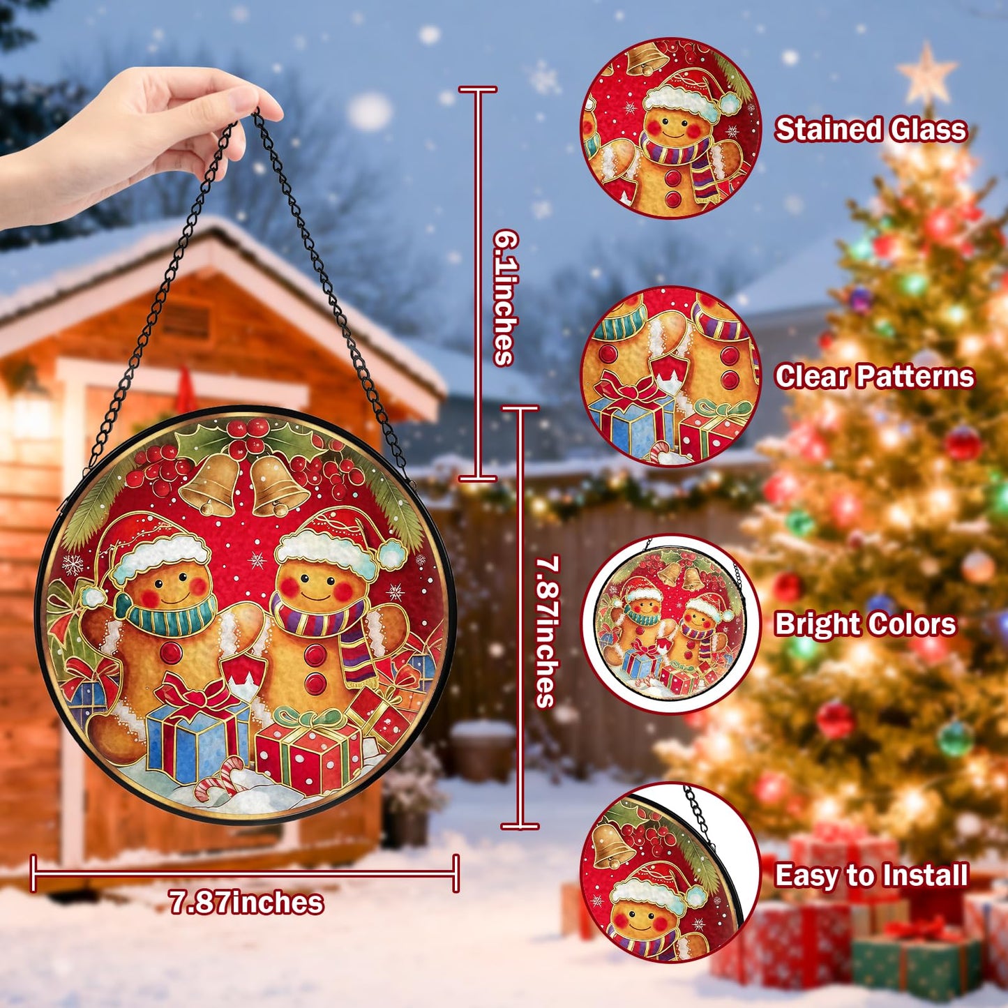 Christmas Decorations Stained Glass Window Hanging, Gingerbread Candy Cane Christmas Suncatcher for Window Hanging, Suncatchers Indoor Windows Wall Art for Mom Grandma, for Home Office 7.87 inches