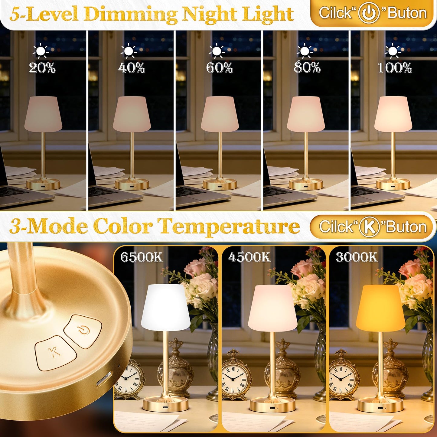 BOMFLORE Small Shower Lamp Waterproof: Table Lamp with 4000mAH Battery - Rechargeable 3 Dimmable Cordless LED Lamp for Desk Bedroom Living Room Bathroom - Gold Touch Light for Parents Kids