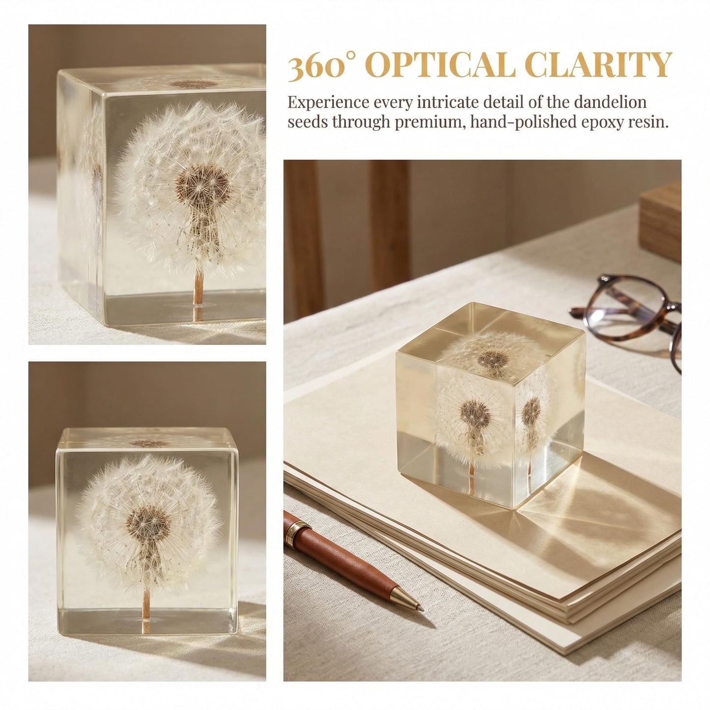 Real Dandelion Specimen in Crystal Clear Resin Cube, 2 Inch 3D Preserved Dandelion Puff Paperweight with Wooden Box, Natural Plant Decor for Home Office Gift
