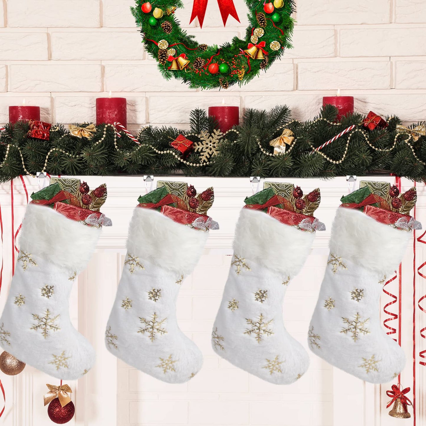 CCINEE 4PCS White Christmas Stockings,18 Inch Large Plush Faux Fur Xmas Stocking with Golden Snowflake Sequin Glitter Snowflake Hanging Stocking for Christmas Tree Wall Fireplace Home Decoration