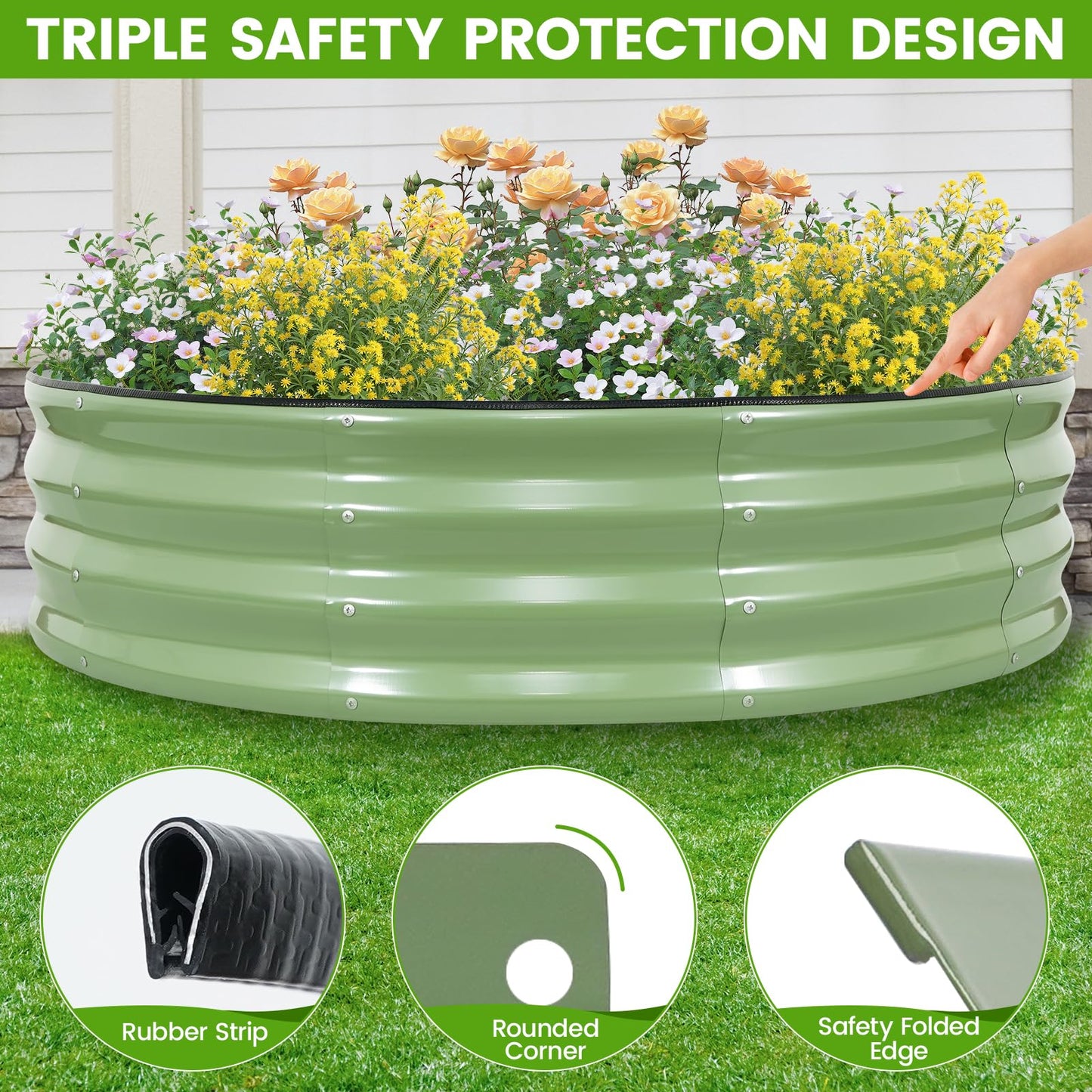 VIREO GARDEN Galvanized Raised Garden Bed Outdoor 2Pcs | 4x4x1ft Metal Raised Beds for Gardening with Safety Rubber Strip | Round Planter Box for Plants Like Vegetables Fruits Flowers, Olive Green