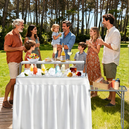 SHAREWIN Ice Cooler Folding Table with Metal Side Desktop, Double-Layer Party Chilling Table with Drain and Detachable White Skirt to Keep Drinks Cool, Ice Bar for Weddings, Outdoor, Picnics，Pool