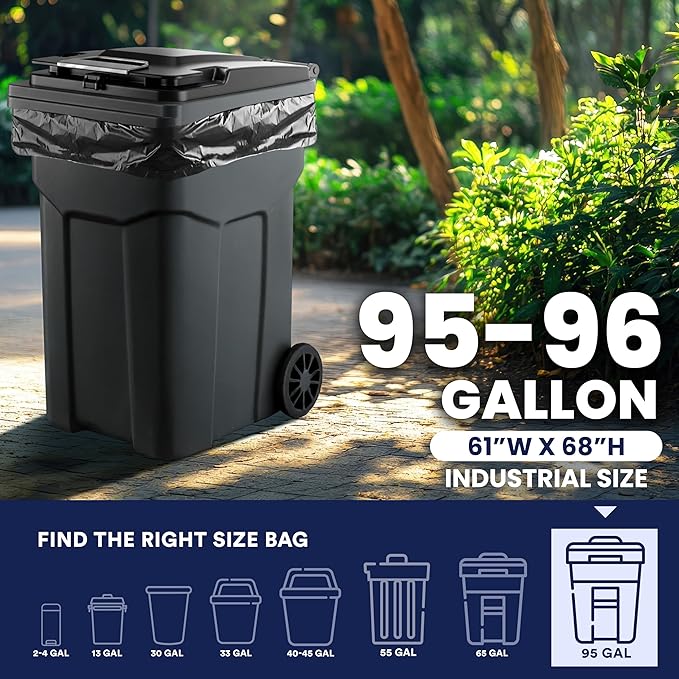 Plasticplace 95-96 Gallon Garbage Can Liners Heavy Duty 1.5 Mil Black Trash