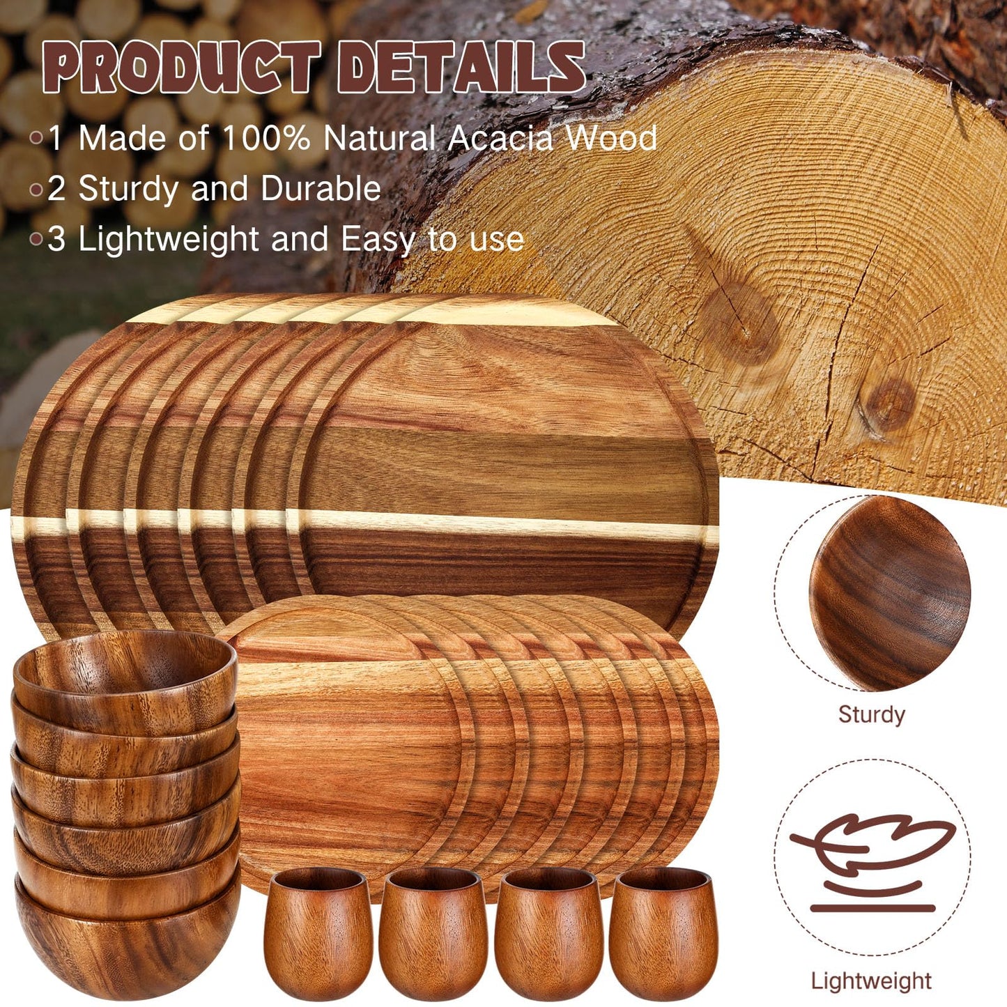 Maxdot 24 Pcs Acacia Wood Dinnerware Set, Round Wooden Plates, Solid Wooden Bowls and Tea Cups, Acacia Wood Tableware Supplies, Lightweight for Dishes Snack, Dessert, Set for 4