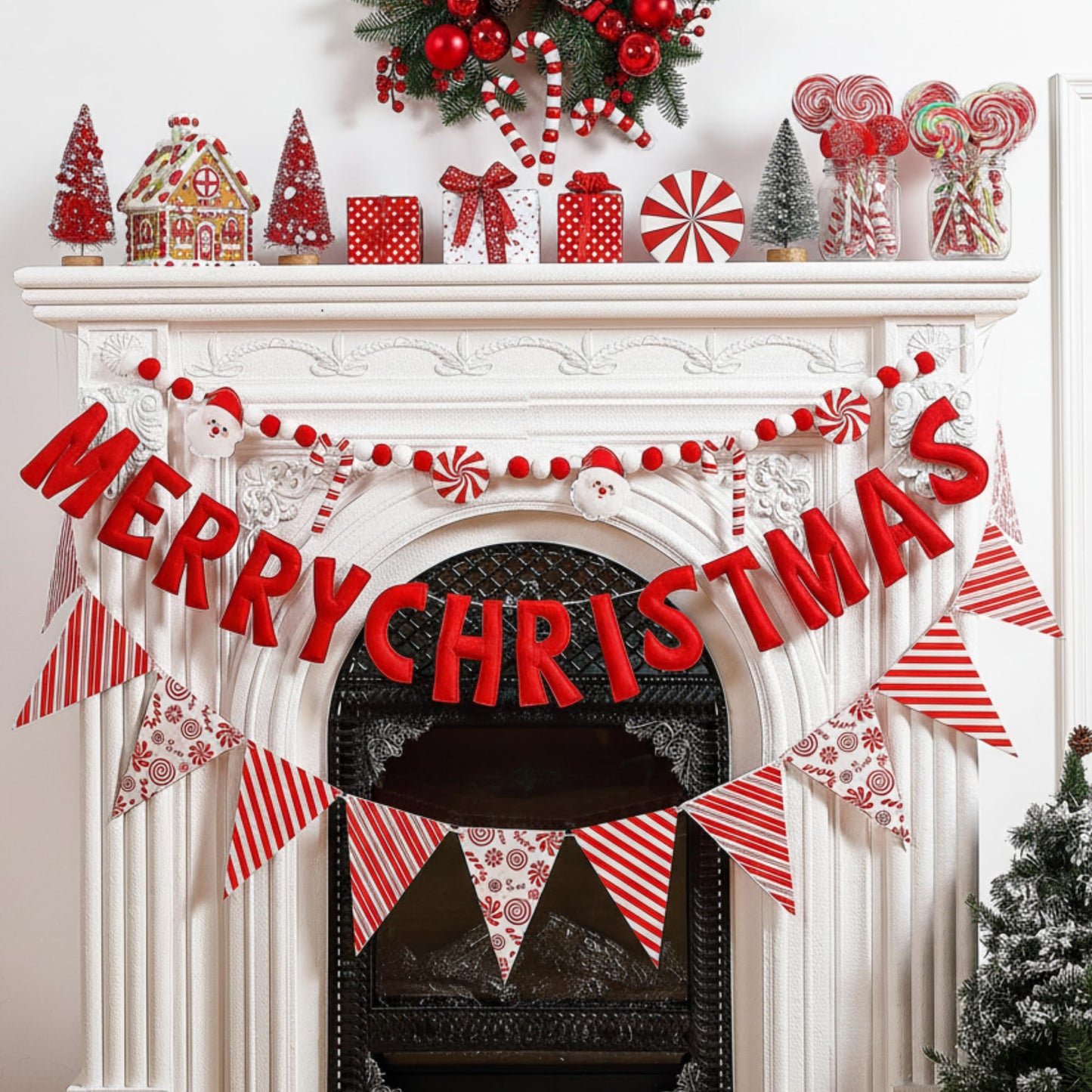 VitalCozy 3 pcs Pre Strung Merry Christmas Banner Felt Merry Christmas Garland Felt Pennant Flag Xmas Sign Outdoor Indoor Decoration for Holiday Party Supplies Home Porch(Red, White, Candy Cane)