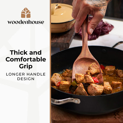Wooden Spoons for Cooking – Wooden Cooking Utensils Set with Holder, Spoon Rest & Hooks, Teak Wood Nonstick Kitchen Cookware – Durable Set of 12pcs by Woodenhouse