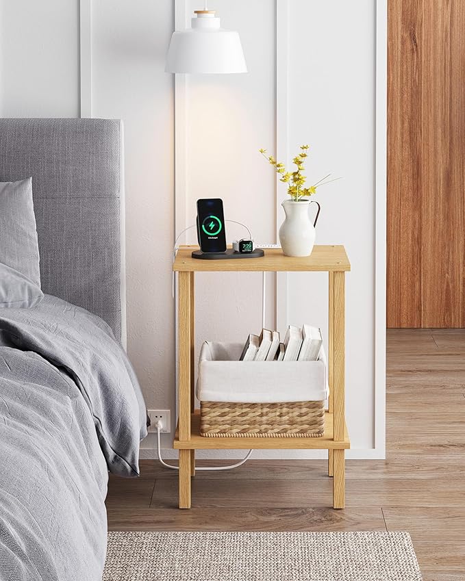 TUTOTAK End Table with Charging Station, Small Side Table with Outlets