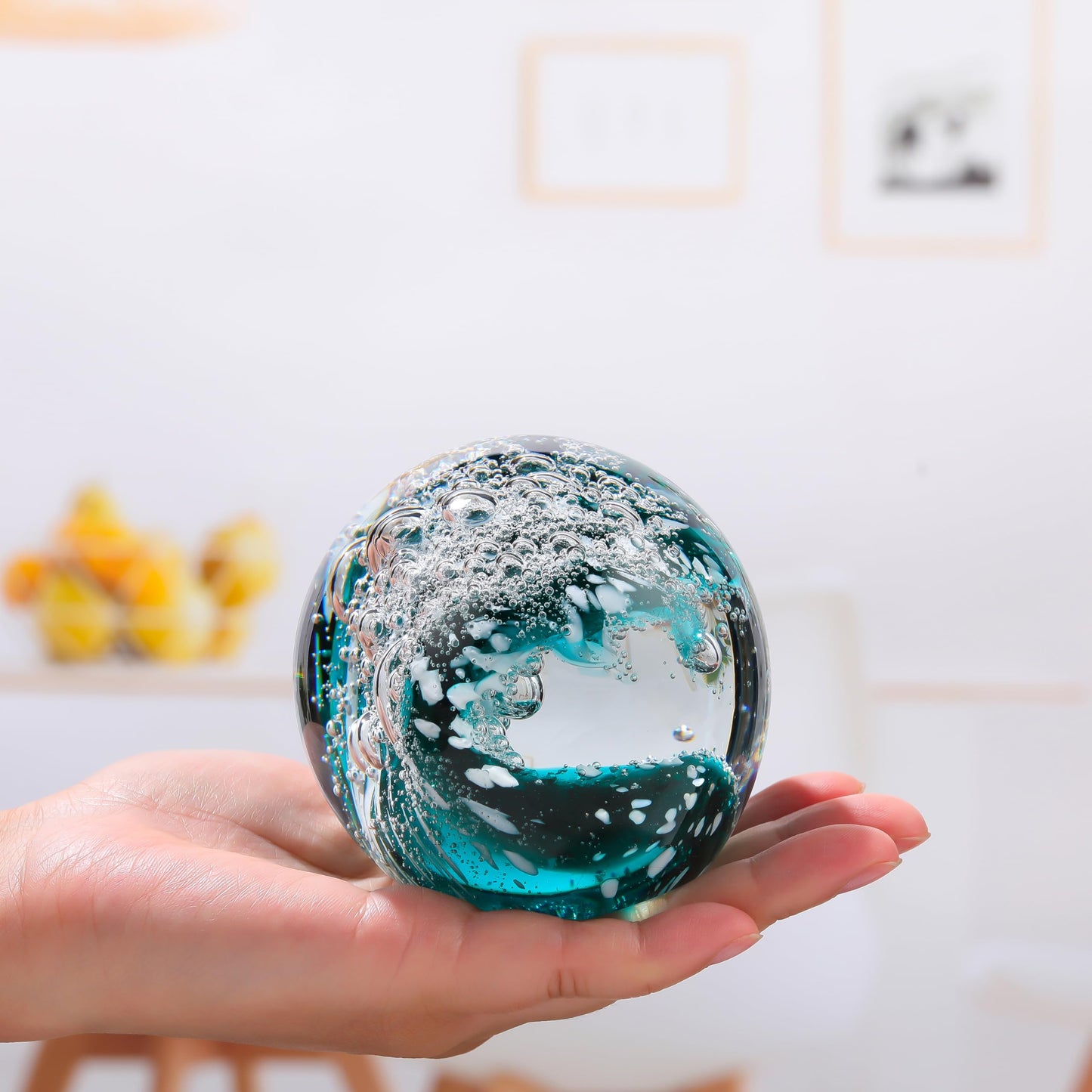 Qianwei Hand Blown Ocean Waves Crystal Ball - Glass Collectible Figurines Spere - Paperweight Glass Ball Aquarium DecorOffice Decor Ocean Lovers