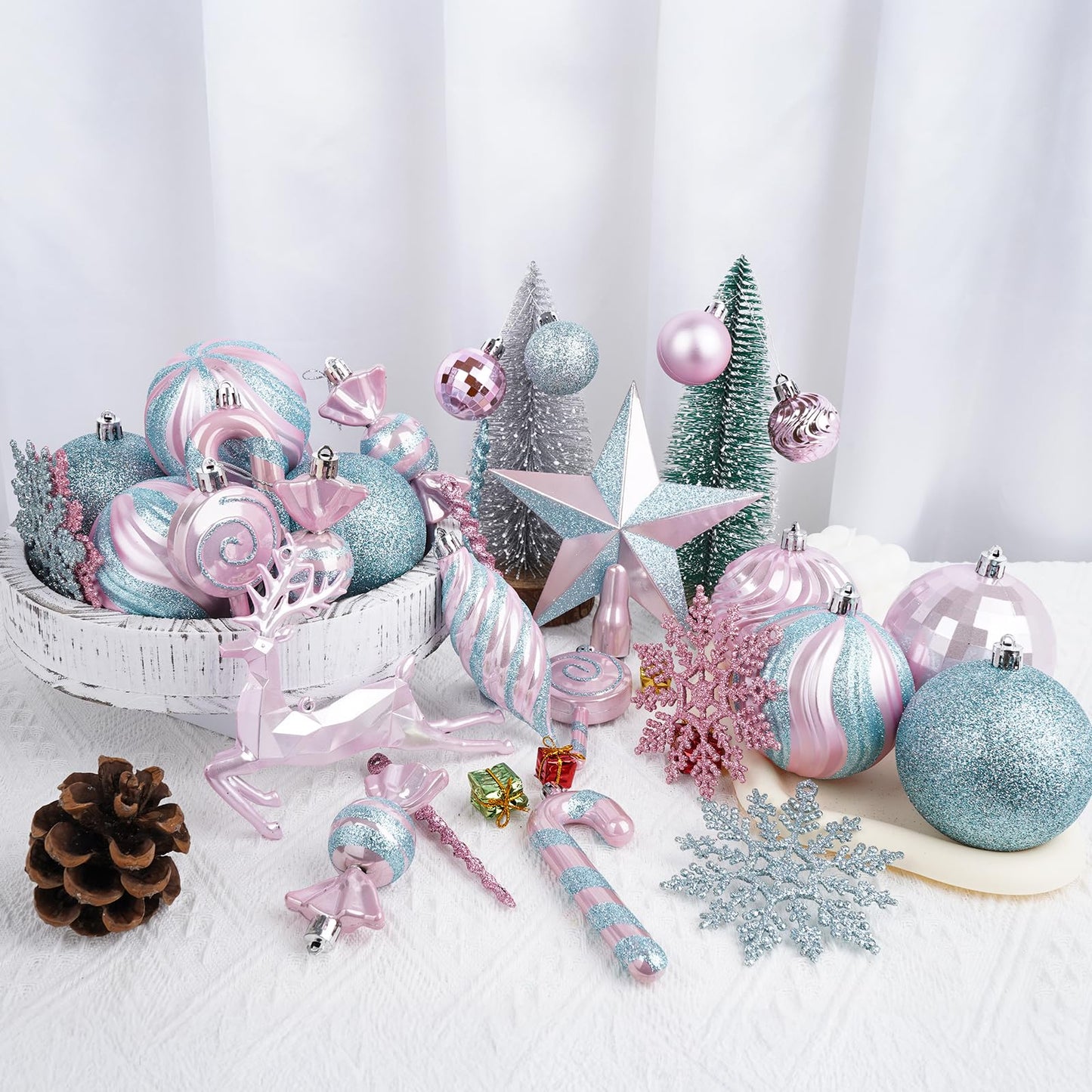 70PCS Christmas Balls Ornaments Set, Shatterproof Xmas Tree Decorations Kit with Balls, Snowflakes, Candy Canes, Star Topper, Reindeer & Hanging Baubles for Holiday Party Decor (Silver & Pink)