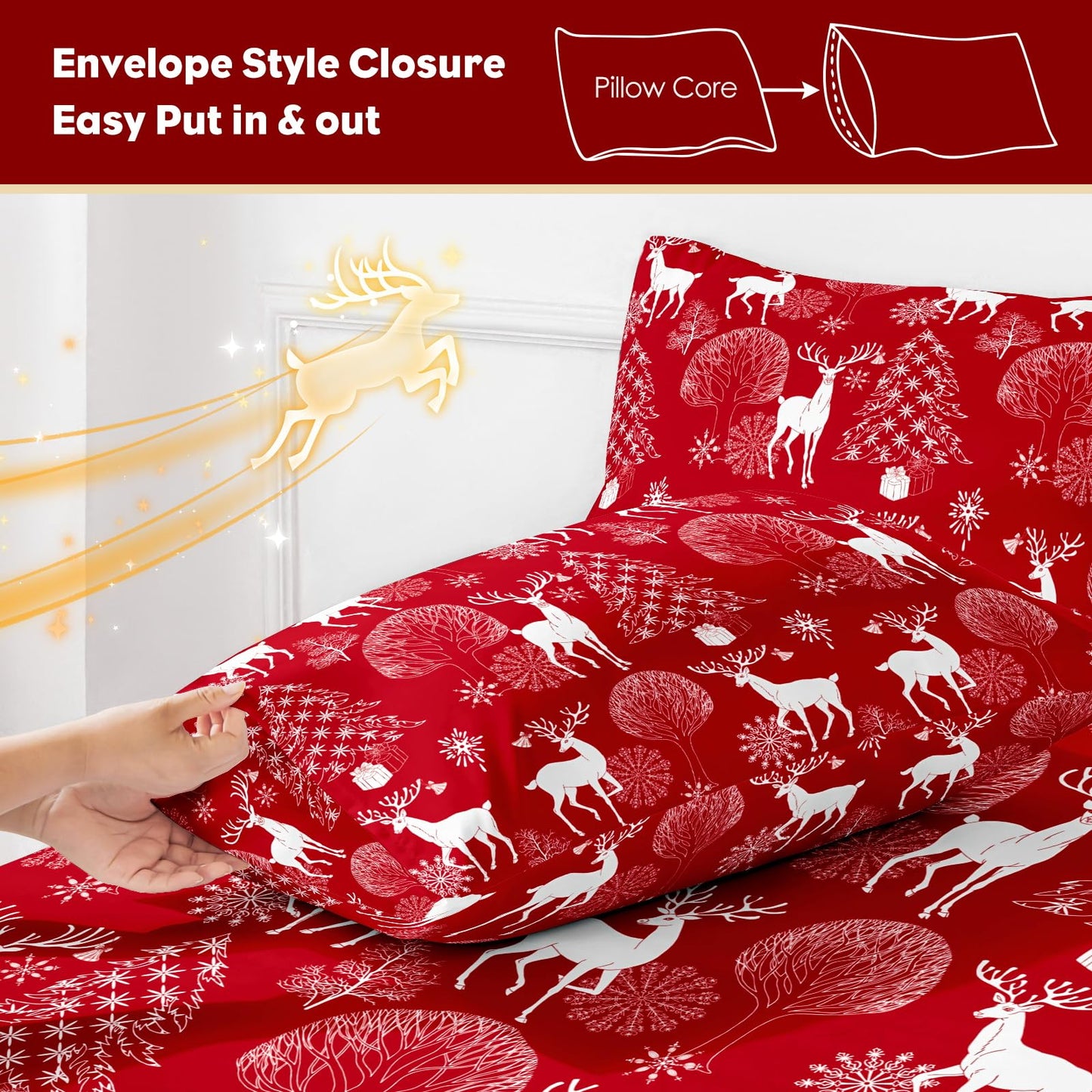 HCORA Christmas Queen Sheet Set, Luxury 1800TC Hotel Quality Double Brushed Microfiber Deep Pocket Bed Sheets, Ultra Soft, Breathable, 4PC, Queen Size