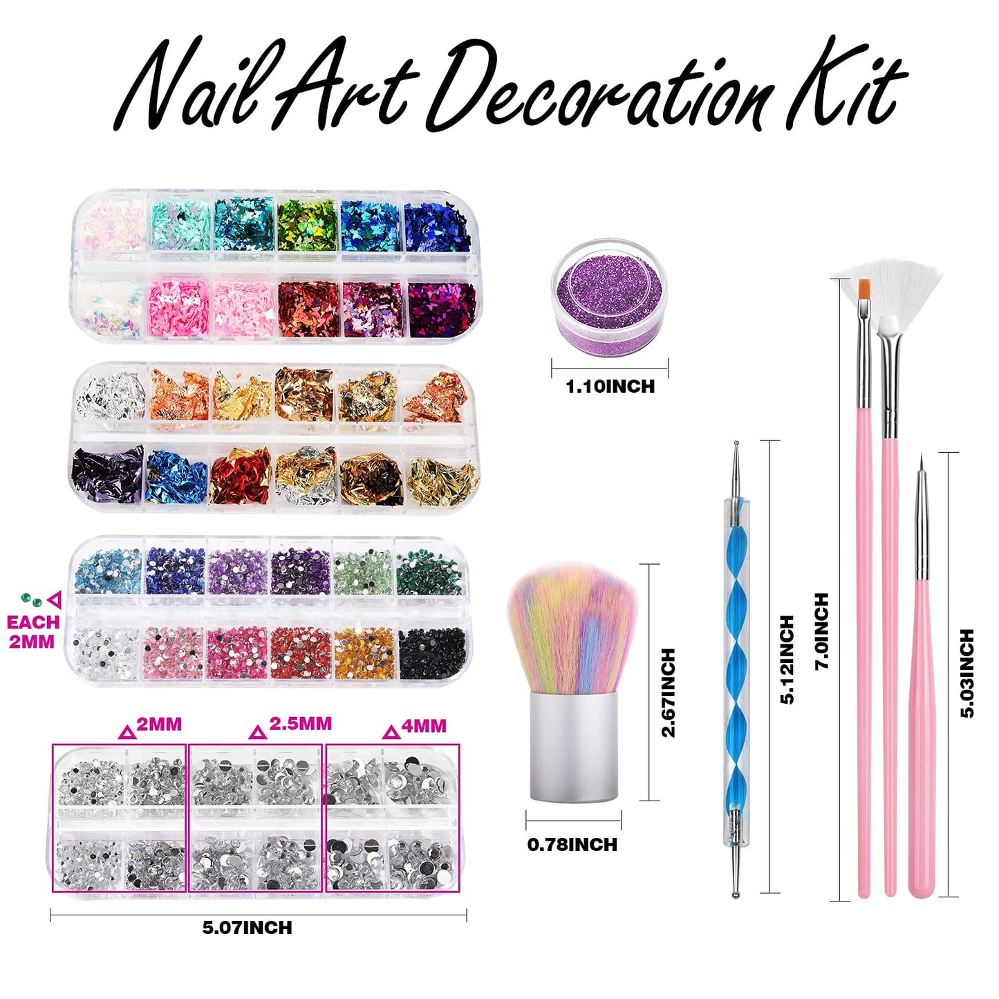FANDAMEI Nail Art Kit, Nail Art Brushes Set, Nail Design Kit Dotting Tools, Fine Nail Glitter, Nail Decoration Butterfly Heart Glitter Sequins, Foil Flakes, Nail Rhinestones, Dust Brush