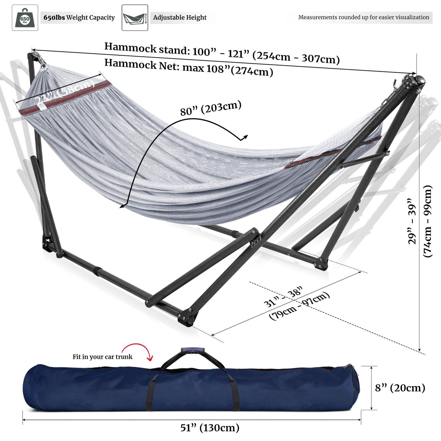 Tranquillo Universal Double Hammock with Stand Included for 2 Persons/Foldable Hammock Stand 600 lbs Capacity Portable Case - Inhouse, Outdoor, Camping, Grey