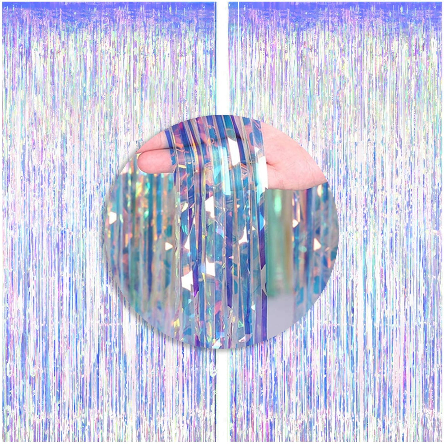 2 Packs 3.2ft x 6.6ft Iridescent Metallic Tinsel Foil Fringe Curtains Photo Booth Props for Birthday Engagement Bridal Shower Baby Shower Bachelorette Mermaid Frozen Sea Party Decorations