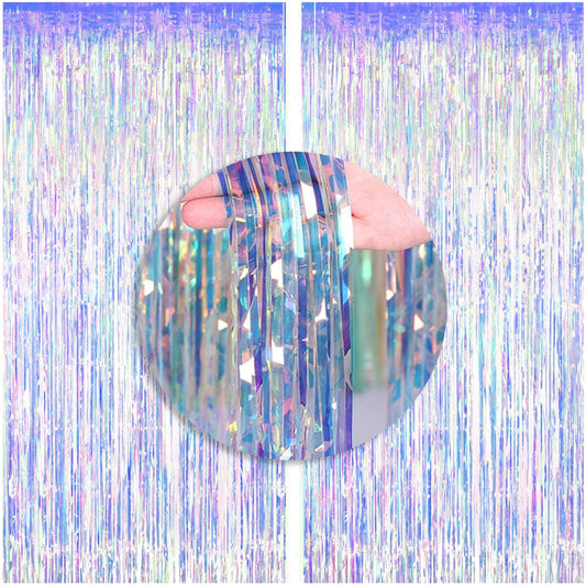 2 Packs 3.2ft x 6.6ft Iridescent Metallic Tinsel Foil Fringe Curtains Photo Booth Props for Birthday Engagement Bridal Shower Baby Shower Bachelorette Mermaid Frozen Sea Party Decorations