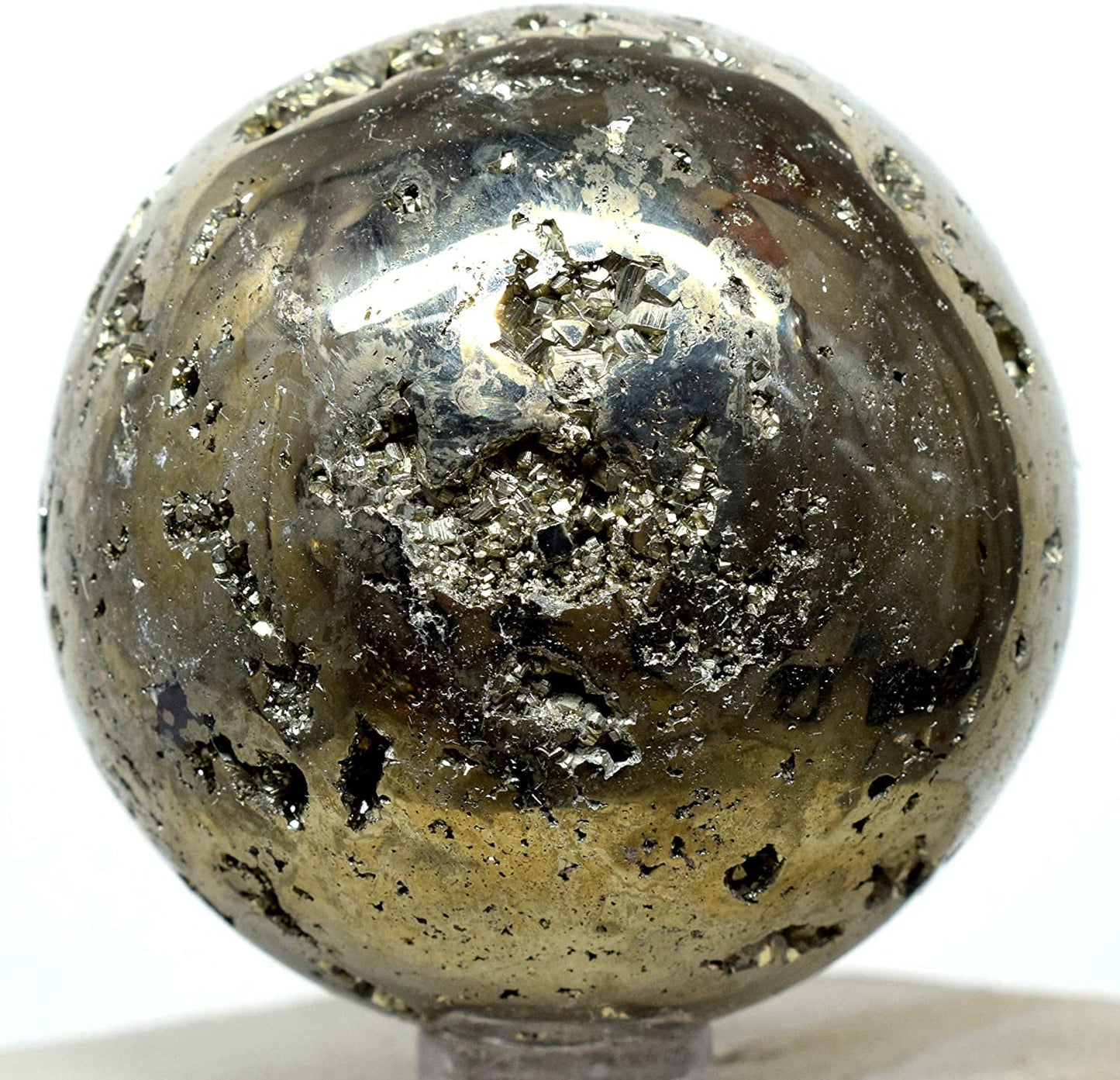 HQRP 46mm Golden Iron Pyrite Sphere Polished Natural Sparkling Gemstone Cubes Druzy Crystal Mineral Geode Cluster Ball - Peru + Stand (1PC)