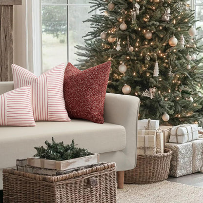 YCOLL Christmas Pillow Covers 18x18, Boho Throw Pillow Covers Set of 2, Red and Cream Striped Linen Decorative Pillows Cushion Covers for Couch Bedroom Christmas Decorations