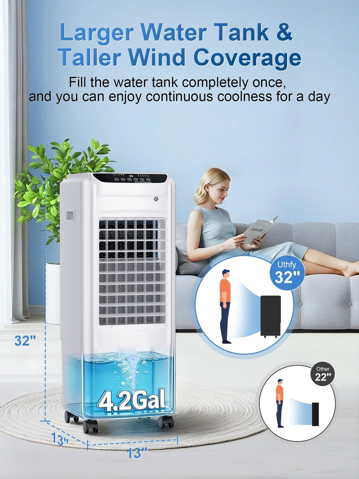 Uthfy Evaporative Air Cooler with 4 Modes, 3 Speed, 4.2 Gal Water Tank, 32" Swamp Cooler with 4 Ice Packs, 120° Oscillation, Remote, 12 H Timer, Portable Air Conditioner for Large Room, Office