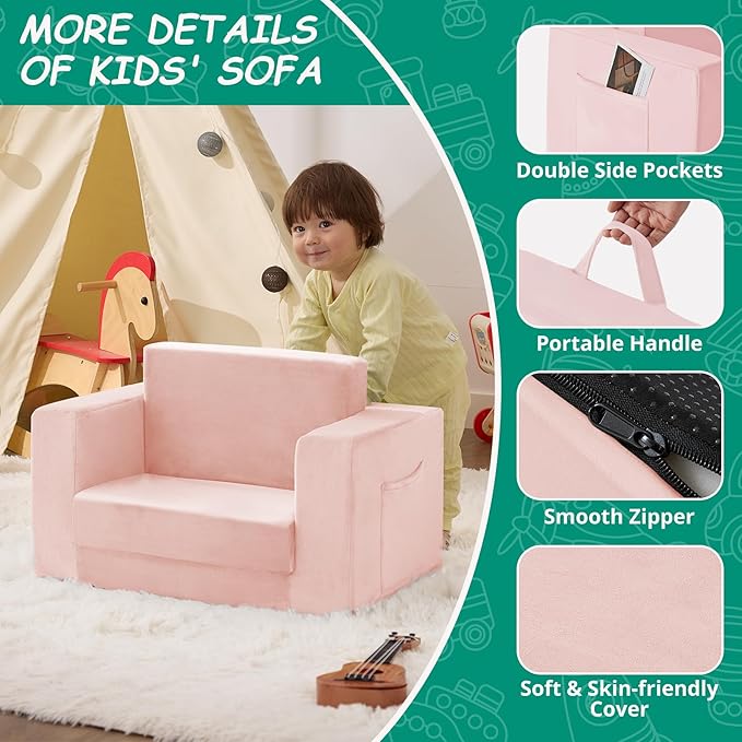 Kids Couch, 2-in-1 Toddler Chair Comfy 1-3 Years, Convertible Kids Chair