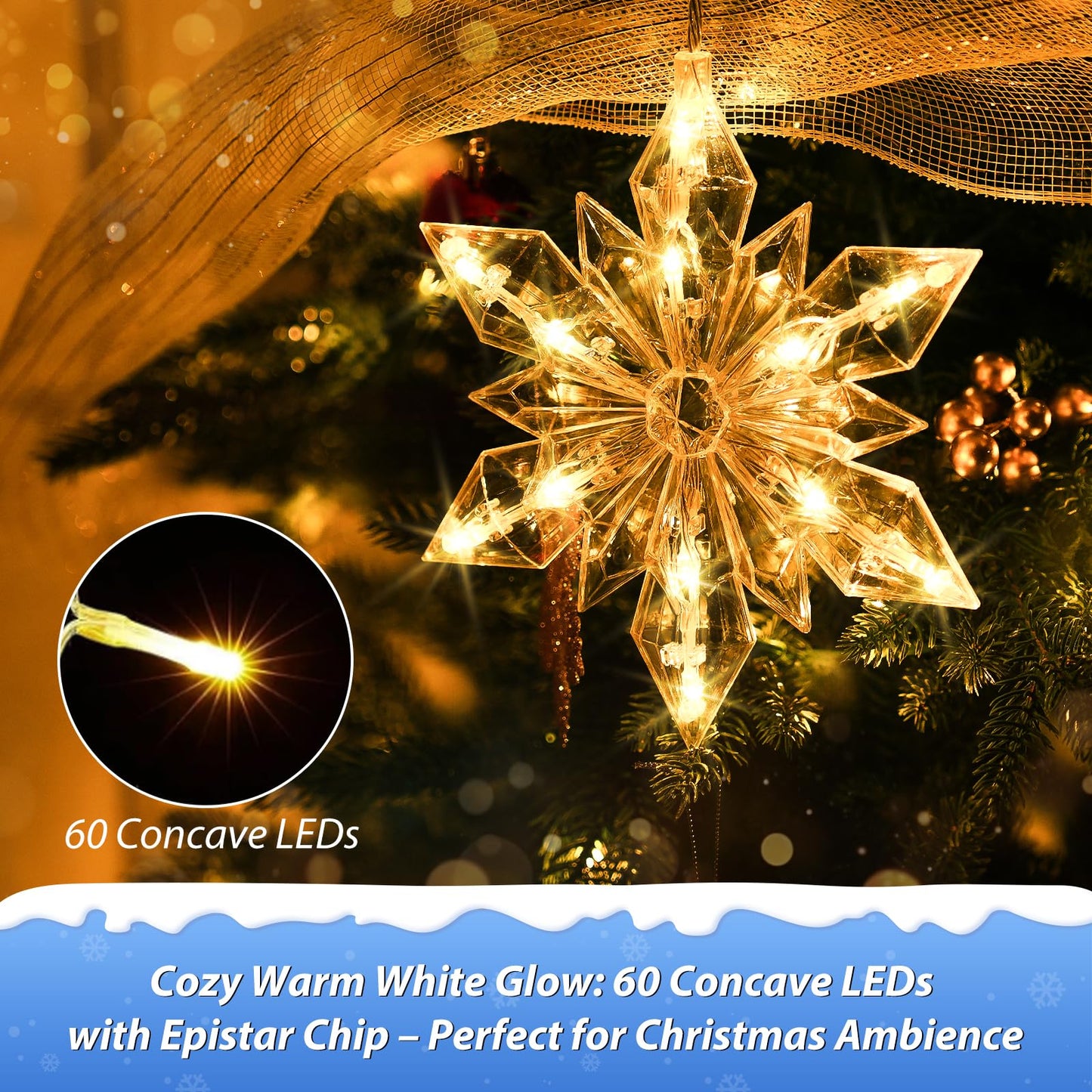 Christmas Snowflakes Window Lights, 5 Pack 60 LEDs Waterproof Hanging Battery Operated Christmas Decoration with Timer for Indoor Outdoor Xmas Home Winter Party Patio Bedroom Decor, Warm White