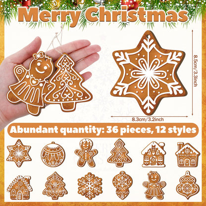Quzzil 36 Pcs Christmas Gingerbread Ornaments for Tree Mini Snowflake Wooden Hanging Winter Xmas Ornaments with Ropes for Christmas Party Holiday Winter Crafts(Brown,36 Pcs,Gingerbread)