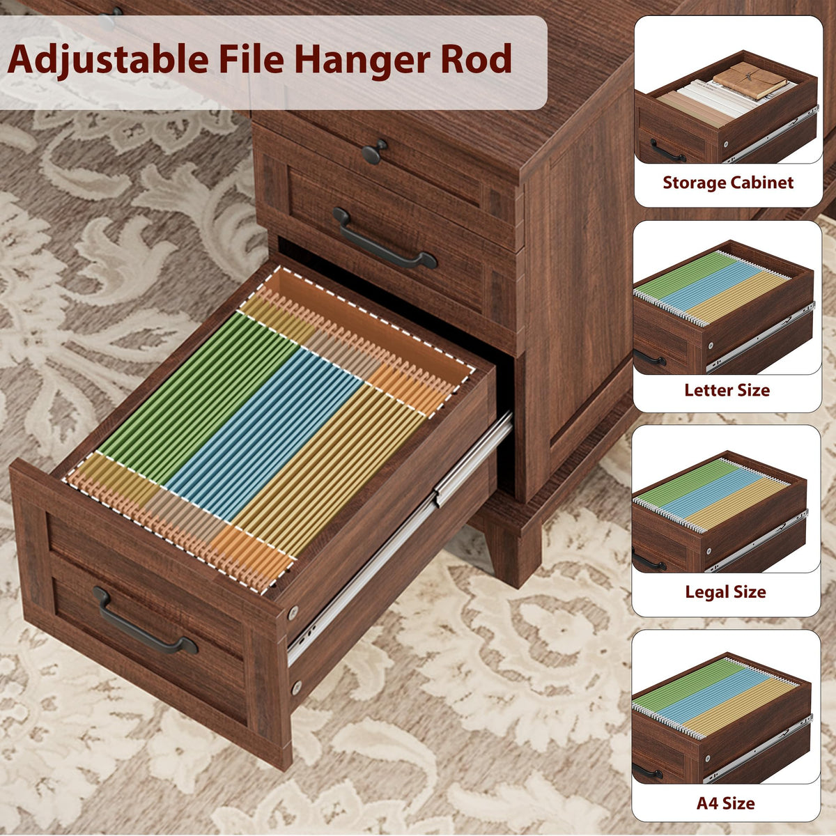 Garvee 60" Wooden Home Office Desk with File Drawers, Executive Desk with Adjustable Cabinet, Farmhouse Wood Desk with Power Outlet, Distressed Study and Work Table, Rustic Brown